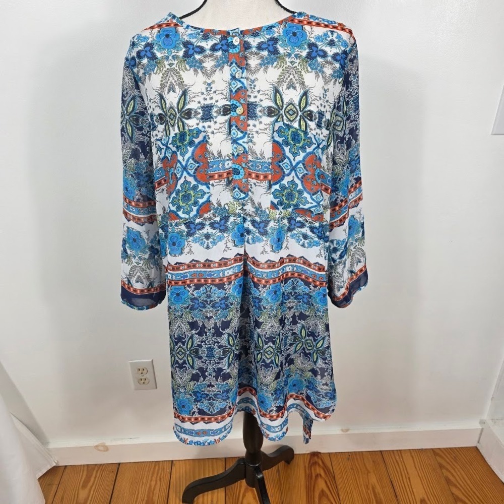 FIGUEROA FLOWER Anthropology XL Boho Tunic Dress Floral Blue Orange Sheer